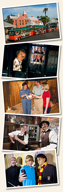 trolley tour driving by old jail, people looking at jail cell, people admiring pottery