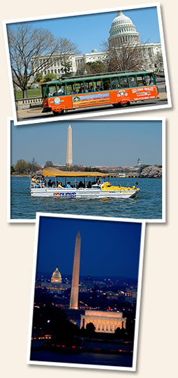 trolley driving by capitol, ducks boat passing monuments and monuments at night